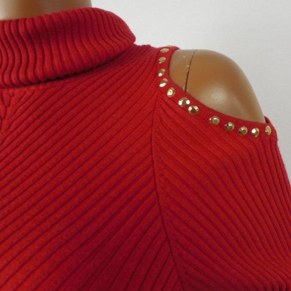 XOXO Red Sweater XL Cold Shoulder Gold Studs Stretch Ribbed Knit Casual Party - Picture 4 of 10